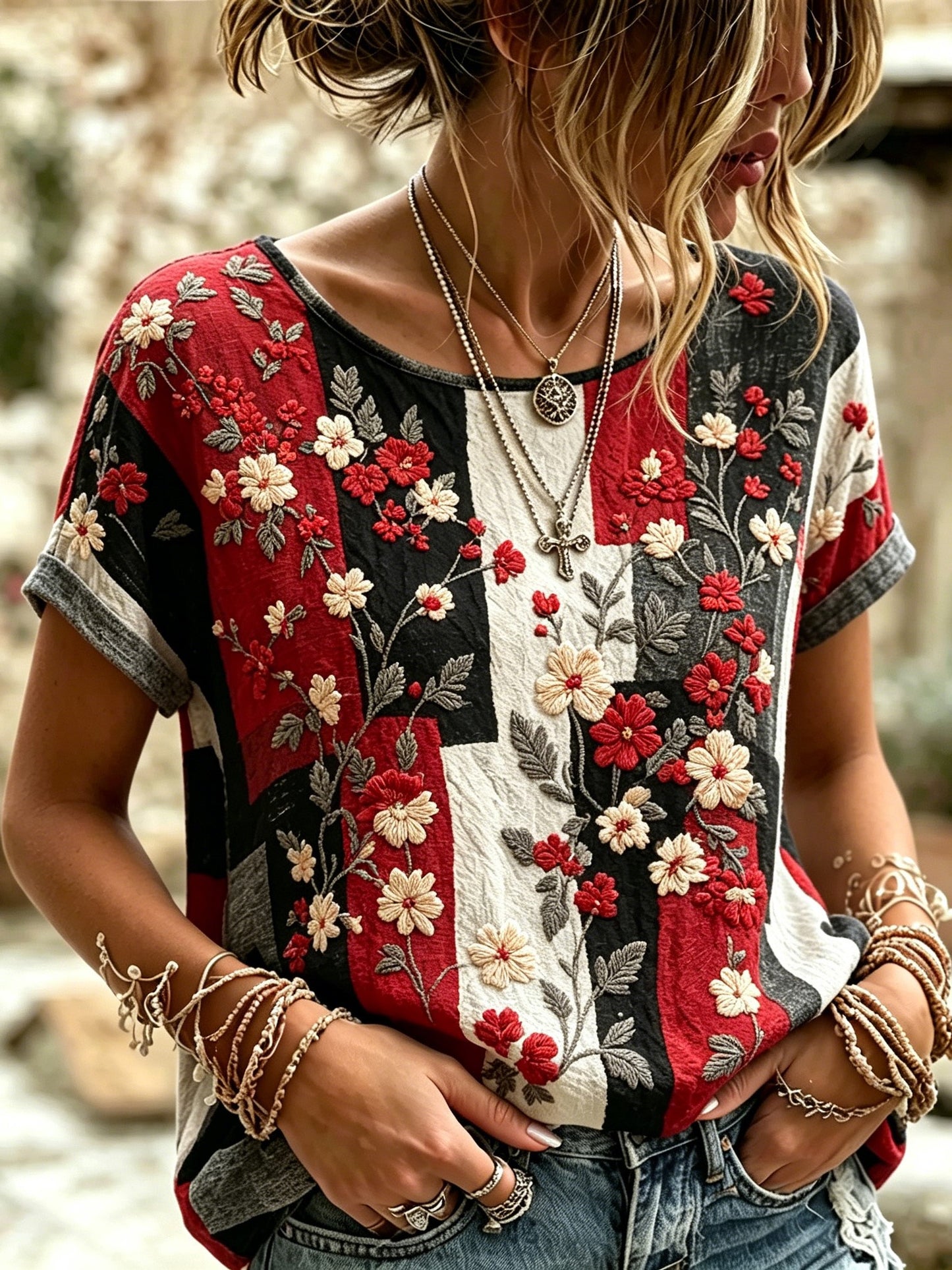 Cardydony Women's Round Neck Top With Floral Print Featuring World Cup Football Team Jersey Elements
