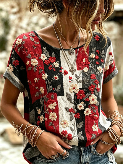 Cardydony Women's Round Neck Top With Floral Print Featuring World Cup Football Team Jersey Elements