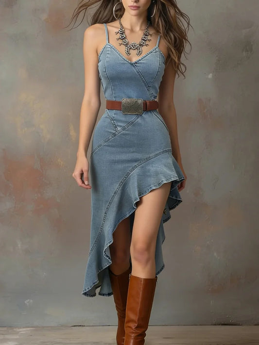 Cardydony Vintage Denim Patchwork Suspender Dress