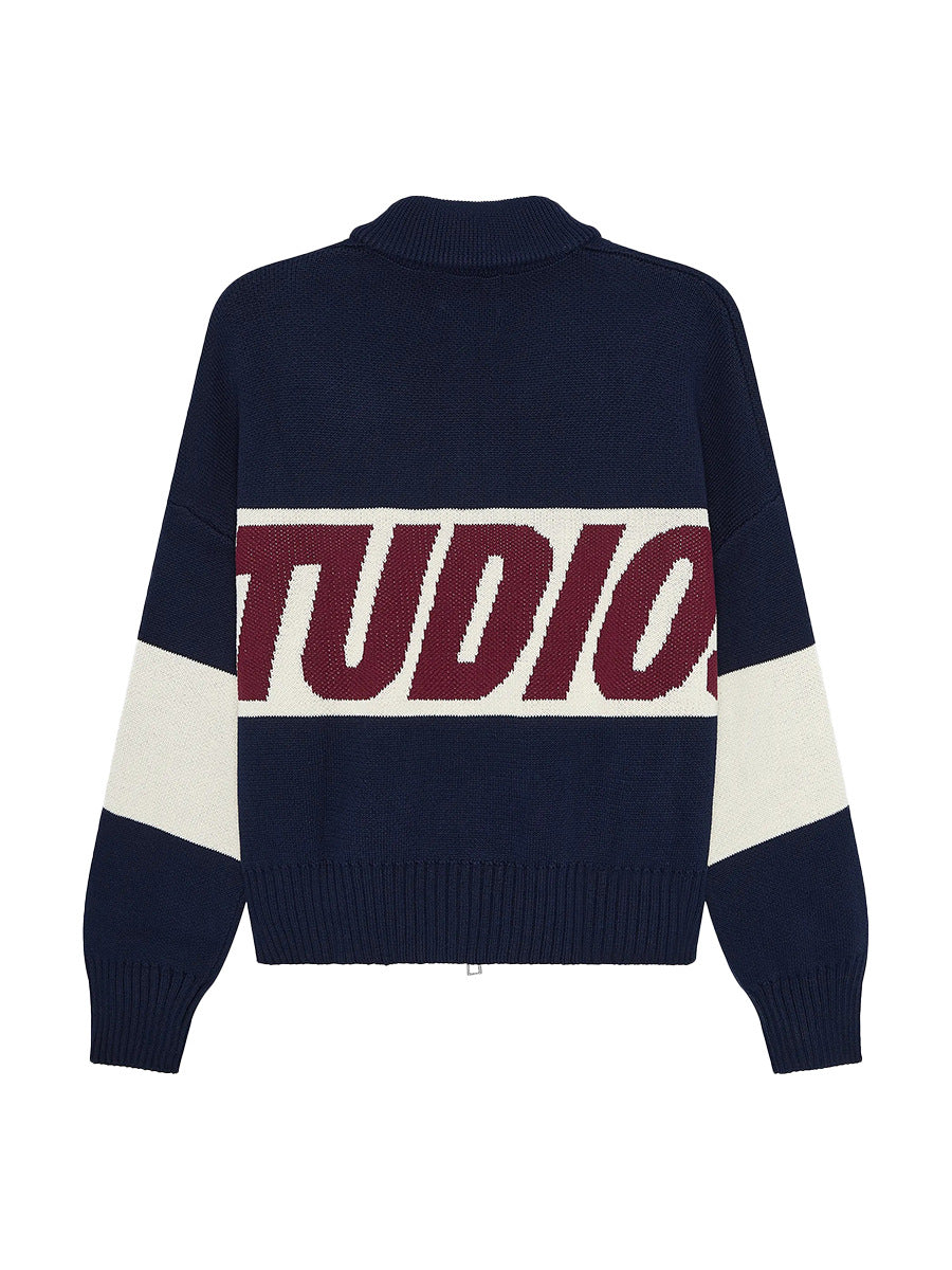 Cardydony Women's Retro Jacquard Letter Zip Up Sweater – Sporty Colorblock Knit Cardigan