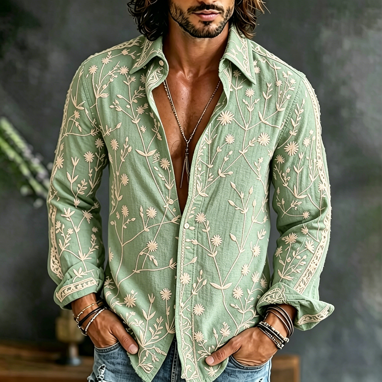 Cardydony Men's Spring Summer Floral Embroidered Art Print Flowy Linen Blend Shirt