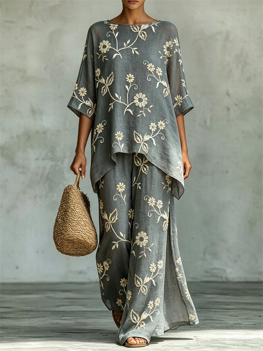 Cardydony Vintage Floral Flowy Linen Tunic & Wide Leg Pants Set