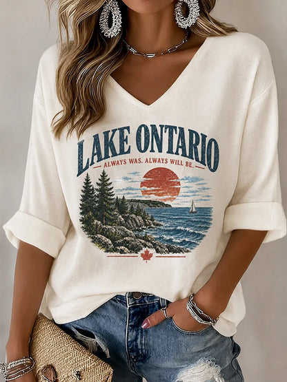 Cardydony Women's Retro V-neck Lake Ontario Print T-shirt