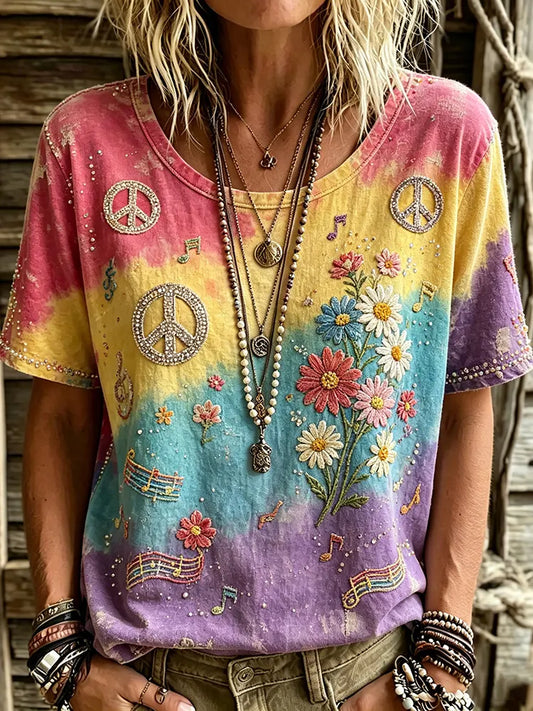 Cardydony Women's Retro Hippie Peace Logo Floral Art Embroidery Casual Cotton Linen T-shirt