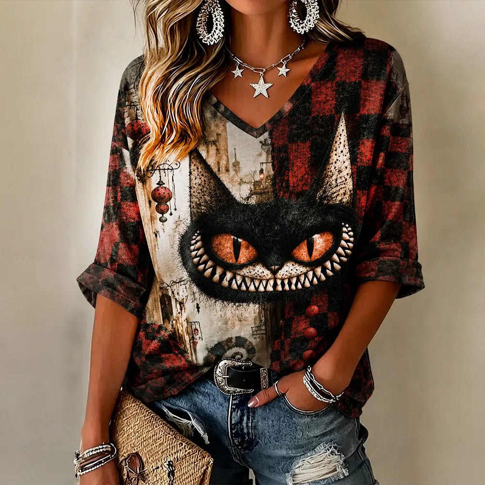 Cardydony Women's Halloween Scaring Cat Art Patchwork Casual V-neck Short Sleeve Top