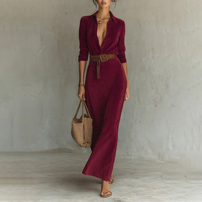 Cardydony Women's Retro Suede Waist-cinching Long Dress With Belt