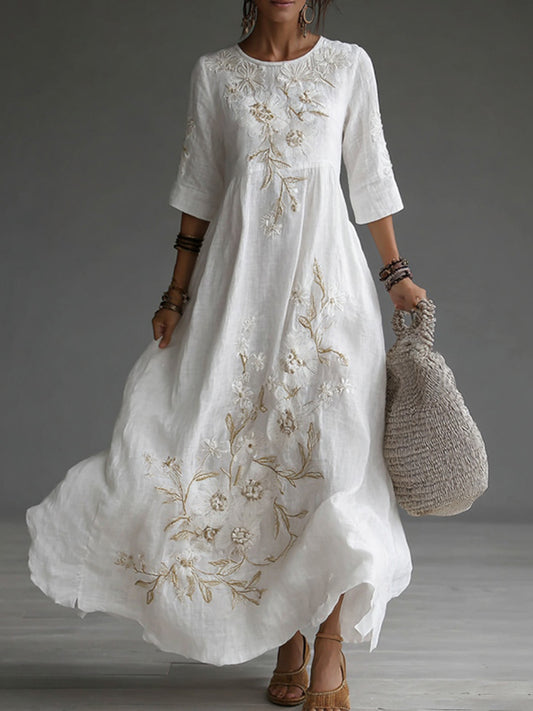 Cardydony Japanese Floral Art Embroidered Casual Linen Maxi Dress
