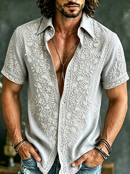 Cardydony Men's Vintage Floral Art Flowy Linen Blend Shirt