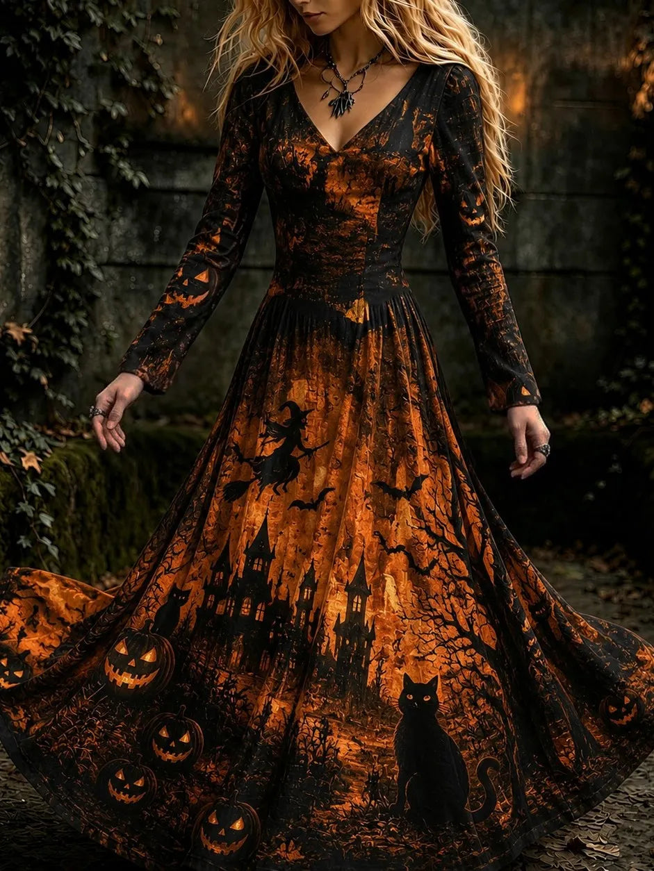 Cardydony Women's Vintage Halloween Witch, Cat, And Castle Print Dress