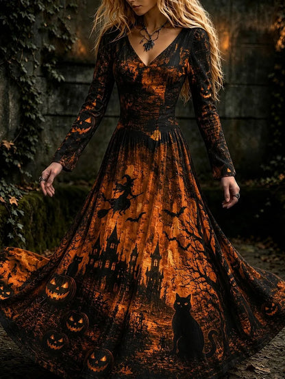 Cardydony Women's Vintage Halloween Witch, Cat, And Castle Print Dress