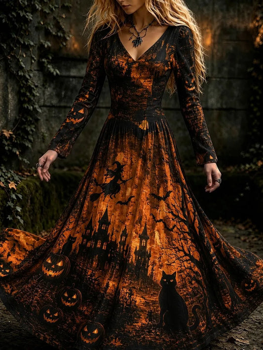 Cardydony Women's Vintage Halloween Witch, Cat, And Castle Print Dress