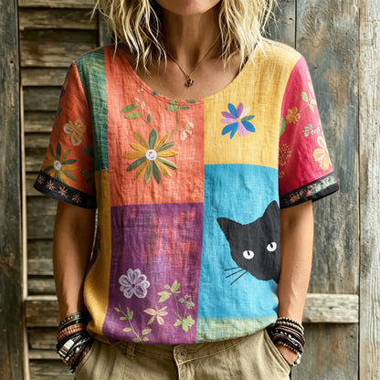 Cardydony Women's Hippie Black Cat Art Print Linen Blend Round Neck Tshirt