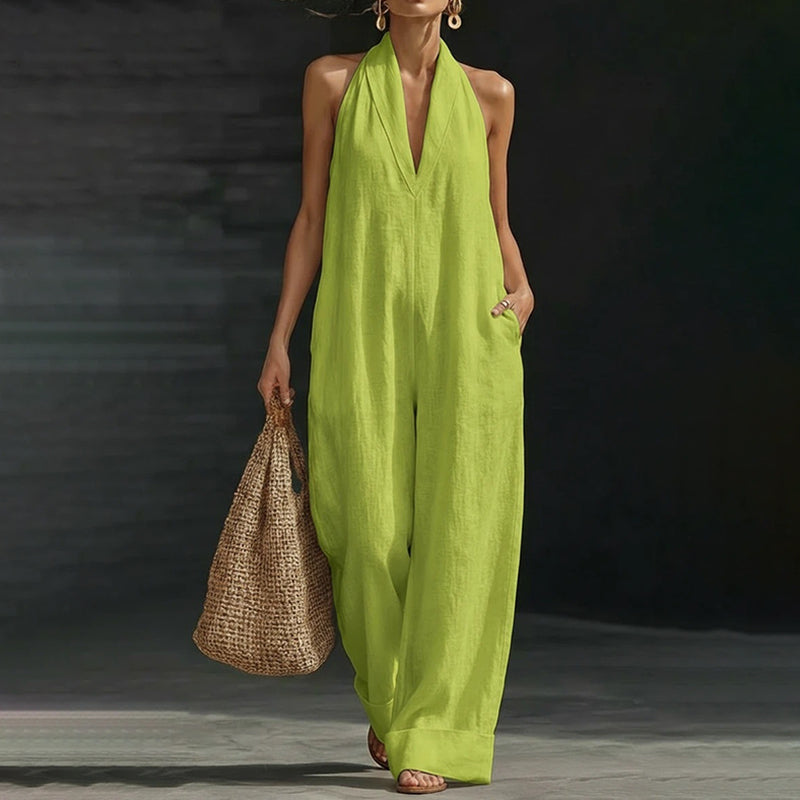 Cardydony Women's Solid Color Sleeveless Linen Blend Jumpsuit