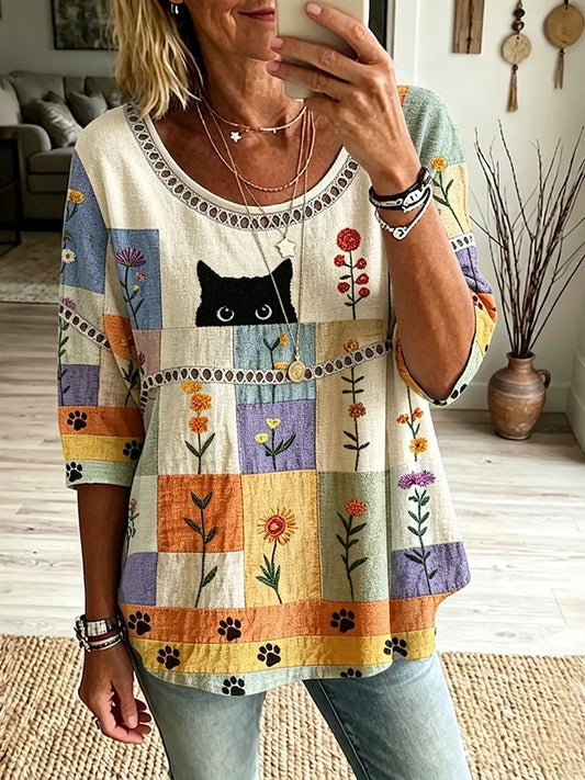 Cardydony Women's Vintage Hippie Cute Black Cat Art Print Flowy Linen Blend Linen Blend Three-quarter Sleeve Casual Tops