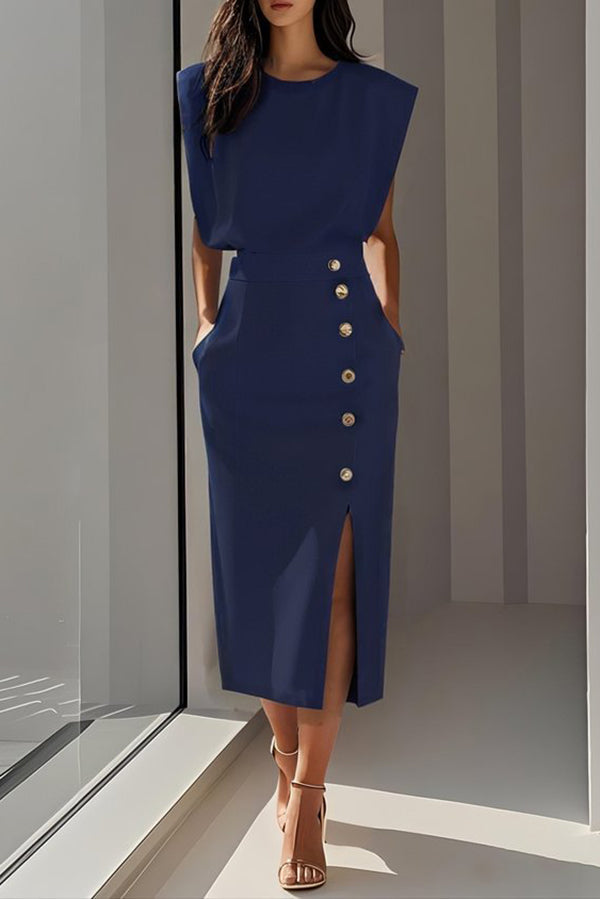 Cardydony Women's Solid Color Round Neck Sleeveless Button Slit Midi Dress