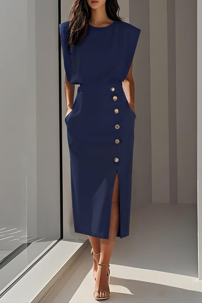 Cardydony Women's Solid Color Round Neck Sleeveless Button Slit Midi Dress