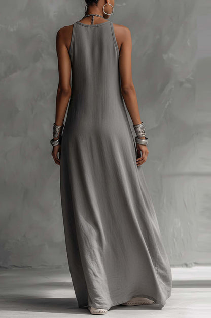 Cardydony Women's  Stylish Color-blocked Round Neck Sleeveless Casual Pocket Loose Maxi Dress