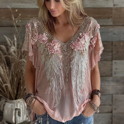 Cardydony Women's Vintage Floral Wing Art Linen Blend V-neck Tops
