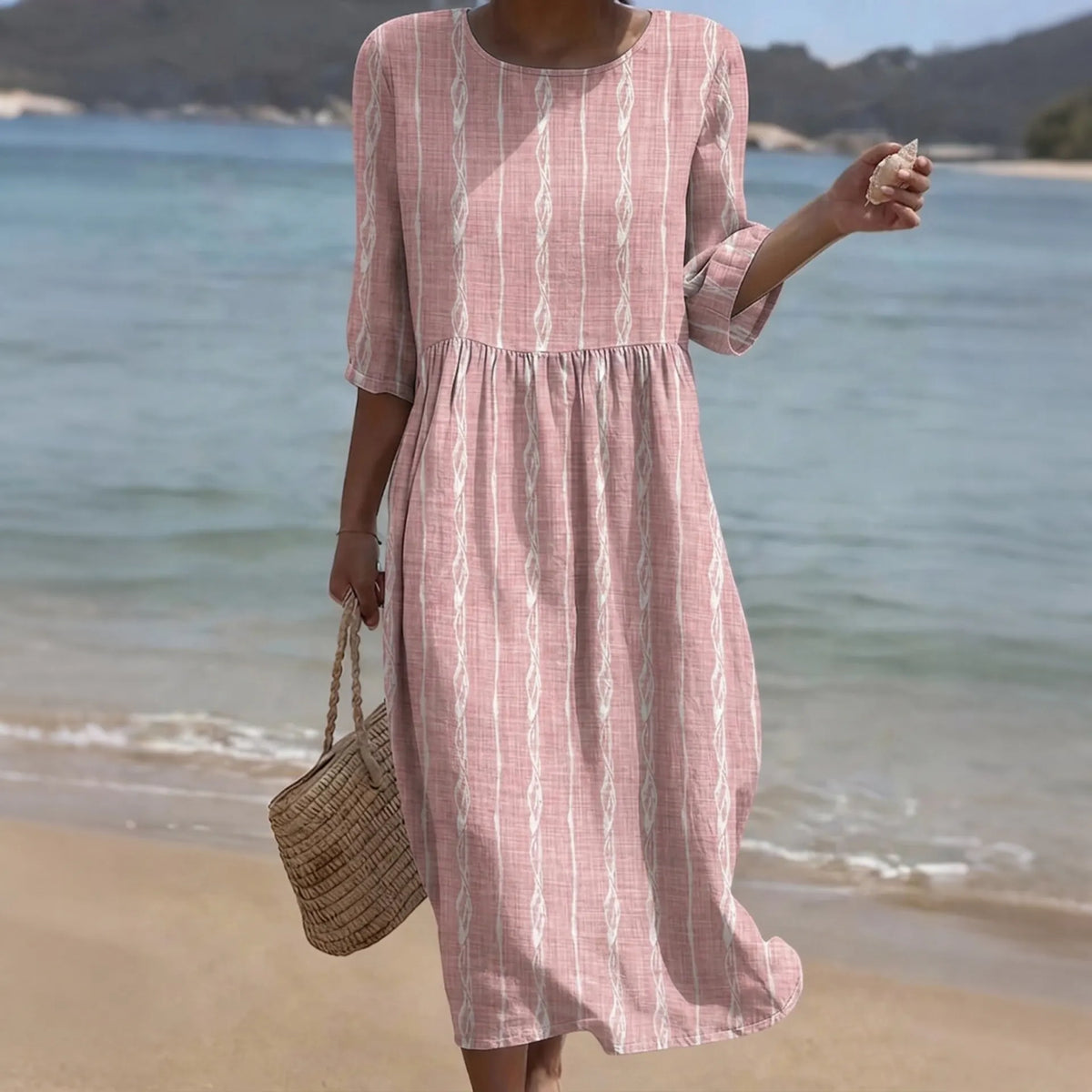Cardydony Women's Simple Striped Art Print Casual Round Neck Dress
