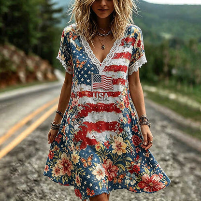Cardydony Women's American Anniversary Art Distressed V-neck Dress