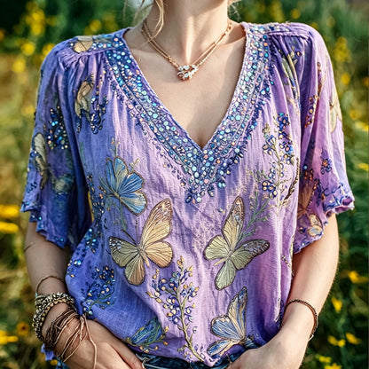 Cardydony Lavender Butterfly Embroidered Boho V-neck Top