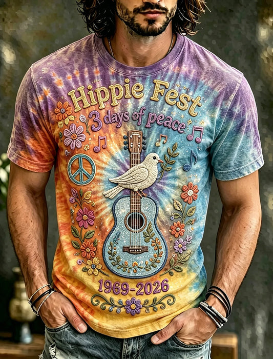 Cardydony Men's Vintage 60s Tie Dye Music Art Retro Hippie Crew Neck T-shirt