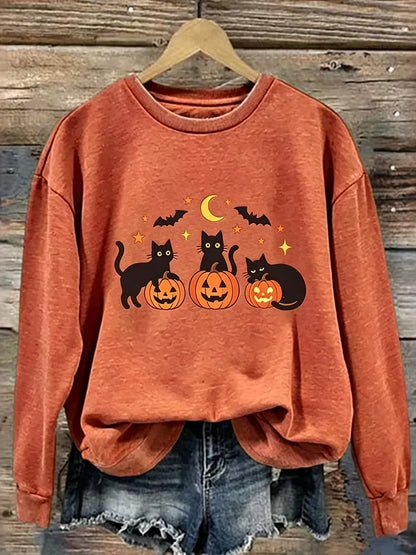 Cardydony Women's Retro Halloween Black Cat Pumpkin Pattern Casual Sweatshirt