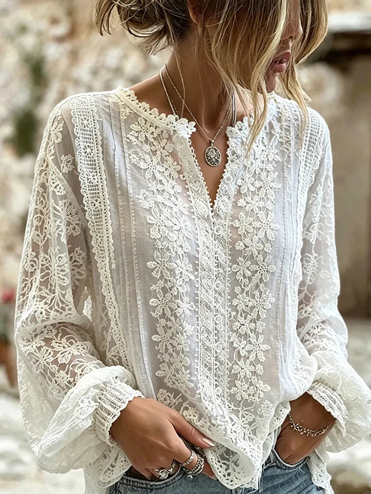 Cardydony Women's Retro Floral Lace Patchwork Casual Cotton-linen Blend T-shirt