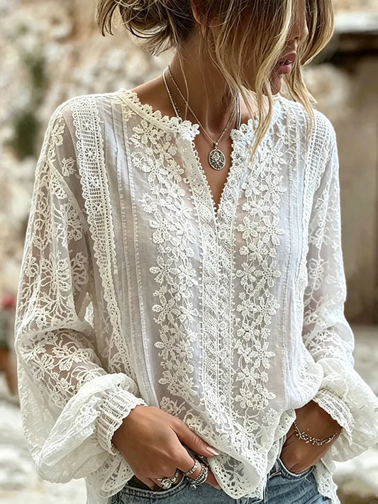 Cardydony Women's Retro Floral Lace Patchwork Casual Cotton-linen Blend T-shirt