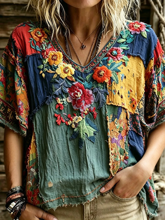 Cardydony Women's Retro Bohemian Hippie Style Floral Embroidery Print Patchwork Short-sleeve V-neck Top