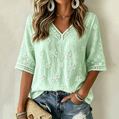 Cardydony Women's White Rose Art Embroidered Art Flowy Linen Blend Three Quarter Sleeves T-shirt