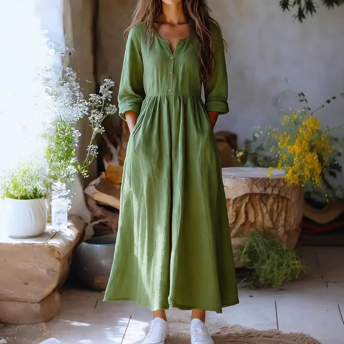 Cardydony Women's Solid Color Buttons Linen Blend Maxi Dress