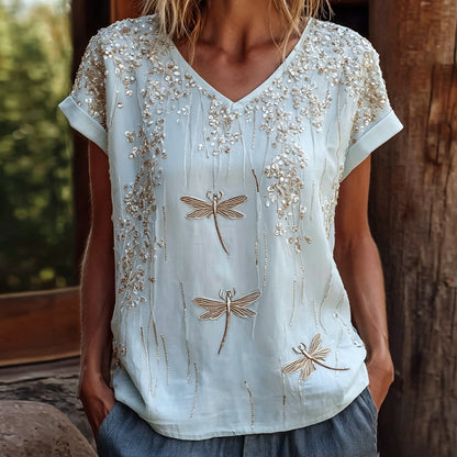 Cardydony Women's Dragonfly Embroidered Short Sleeve V-neck Beaded Sequin Boho Top