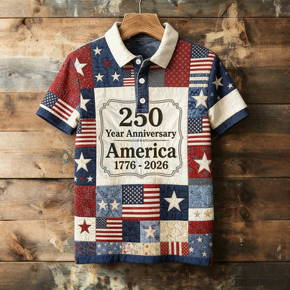 Cardydony Men's American Flag Inspired Patchwork Vintage Polo Shirt