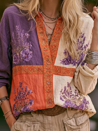 Cardydony Women's Retro Purple Floral Color-blocked Casual Long-sleeved Shirt