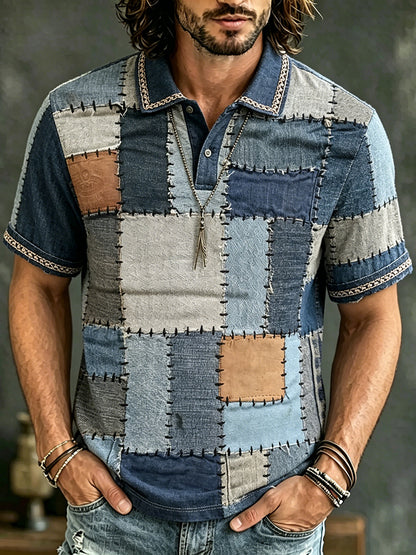 Cardydony Men's Vintage Spring Summer Patchwork Style Art Print Flowy Polo Shirt