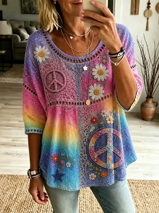 Cardydony Women's Vintage Hippie Floral Color Gradient Art T Shirt