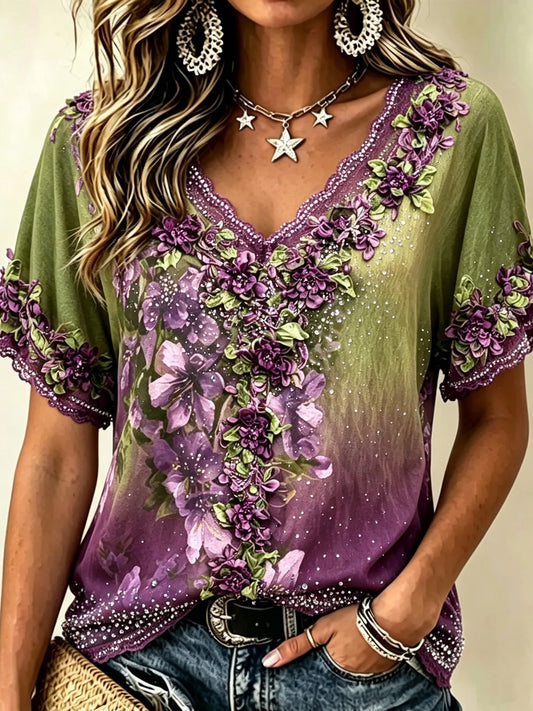 Cardydony Women's Retro Bohemian Floral Embroidery Sequin Print Short-sleeve V-neck Top