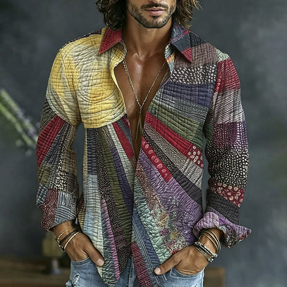 Cardydony Men's Causal Spring Hippie Vibe Colorful Sun Collage Art Print Flowy Linen Blend Shirt