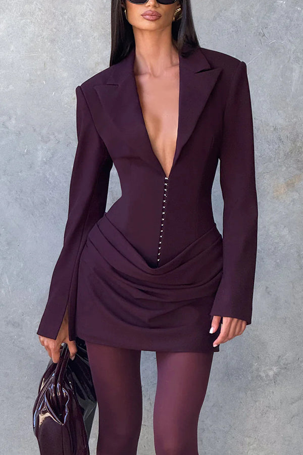 Cardydony Women's Solid Color Slim-fit V-neck Elegant Draped Formal Mini Dress