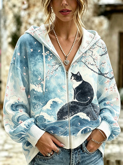 Cardydony Women's Retro Landscape Floral Black Cat Print Zip-up Hoodie