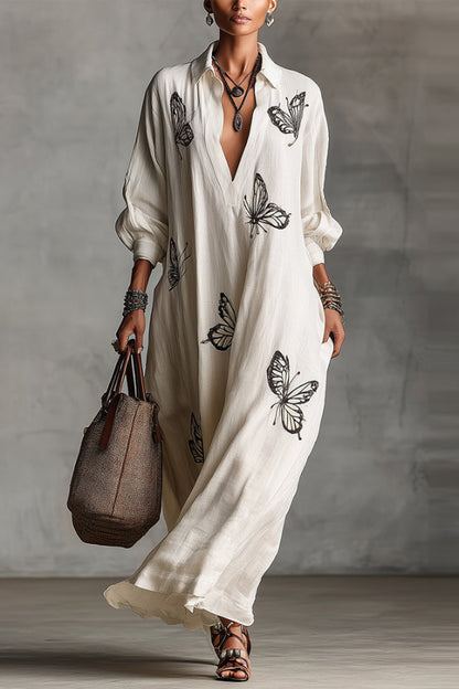 Cardydony Women's Butterfly Print V-Neck Long Sleeve Loose Casual Maxi Dress