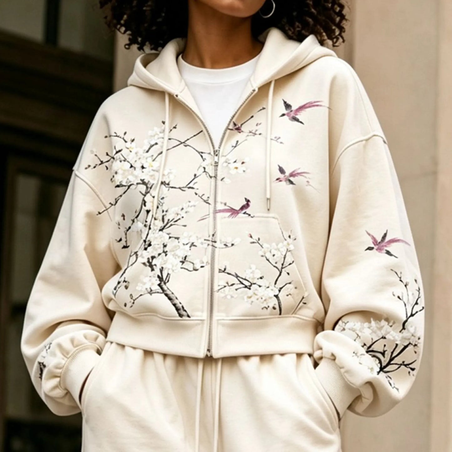 Cardydony Women's Japanese Floral And Bird Art Print Zip Up Hoodie Two Piece Set