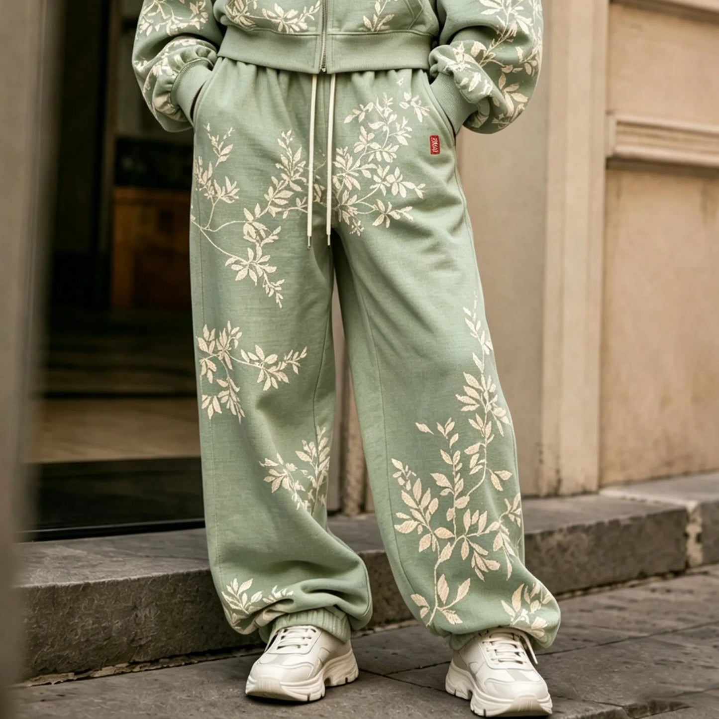 Cardydony Women's Vintage Floral Art Print Zip Up Hoodie Two Piece Set
