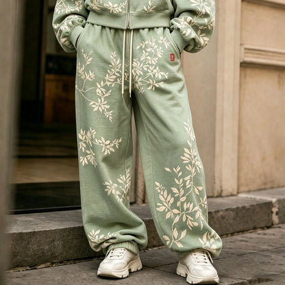 Cardydony Women's Vintage Floral Art Print Zip Up Hoodie Two Piece Set