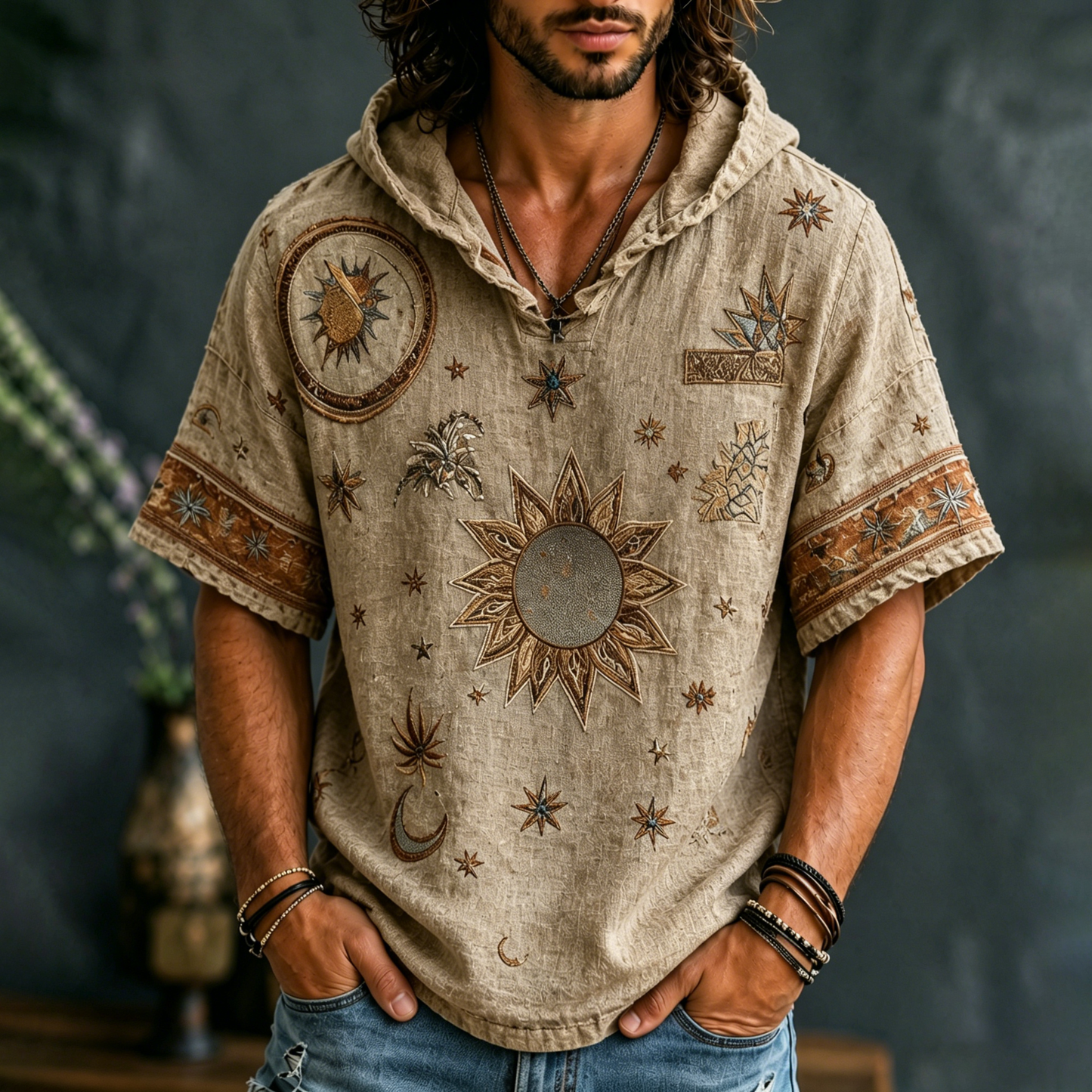 Cardydony Men's Boho Hippie Art Sun And Moon Printed Casual Hooded T-shirt
