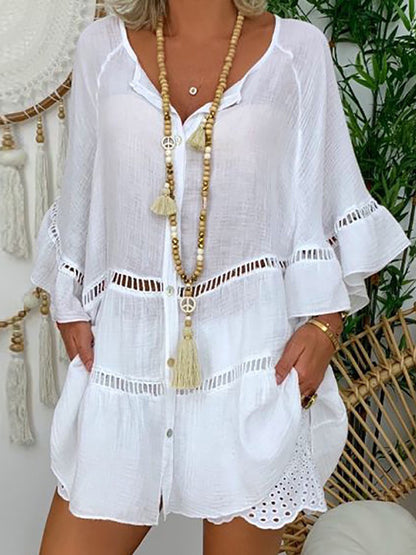 Cardydony Casual Lace-trimmed Three-quarter Sleeve Cotton And Shirt Dress