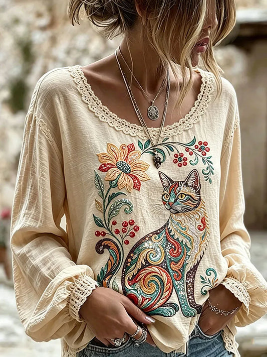 Cardydony Vintage Cute Cat Art Embroidery Casual Linen Cotton Shirt