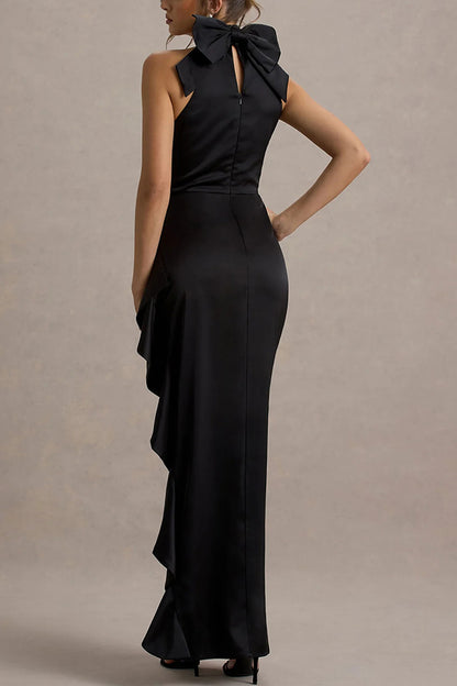 Cardydony Women's Maureen Satin High Neck Ruched Ruffle Slit Draped Maxi Dress