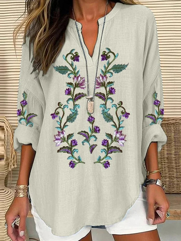 Cardydony Scottish Thistle Embroidered Linen Blend Blouses